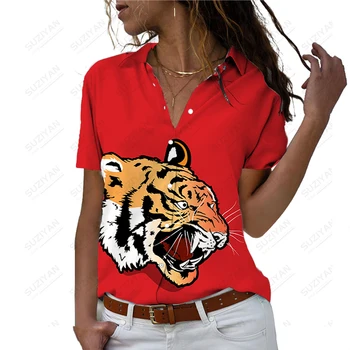 Лятна нова дамска риза с 3D принтом животно е тигър, ежедневни дамски риза с домашен любимец принтом, модни свободна тенденция жените риза