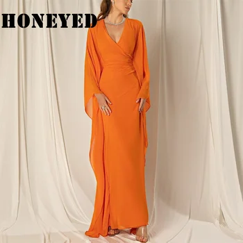 Вечерни рокли от Шифон с Дълъг Меден V-образно деколте и Ръкав-Калъф Оранжев Цвят с Дължина до щиколоток за бала за Жени 2023