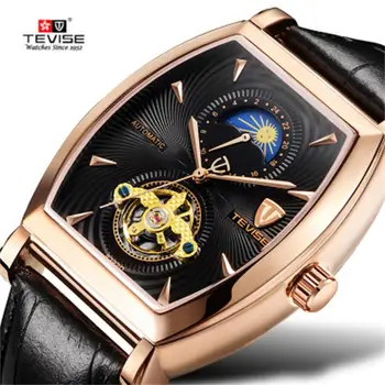 Мъжки Автоматични механични часовници TEVISE, кожа водоустойчив часовник в света и модерен стил с турбийоном
