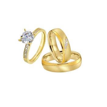 Комплекти за годежни пръстени с диаманти cz За влюбени, бижута от неръждаема стомана със златно пълнеж 24 До, Дамски пръстени за двойки