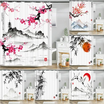 Завеси за душ с цветовете на слива в японски стил, Плат за завеси за баня, водоустойчив завеса за баня от полиестер с куки 12шт