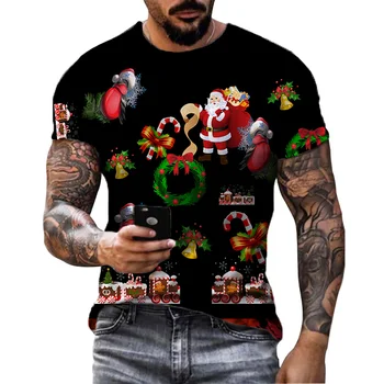 Сладки тениски с 3D принтом Дядо Коледа и елен, Тениска с весела Коледа, Мъжки и дамски риза, Коледна мода ежедневни тениска за момчета