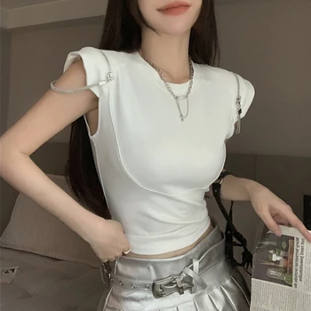 Корейската однотонная ежедневни тениска с къси ръкави и веригата, Дамски лятна новост 2023, универсални сексуални тънки блузи с цип