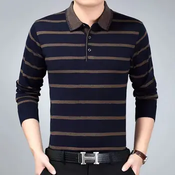 2023, Пролетно-Есенна Мъжки Модни Трикотажная тениска с дълъг ръкав, Мъжки Блузи в лента в контрастен Цвят, Мъжки Ризи Поло с тънки отворотами H282