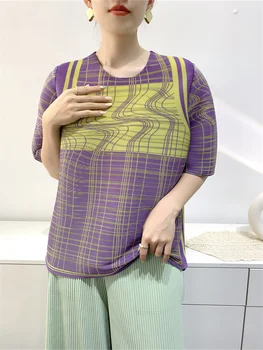 Жена плиссированный топ Miyake 2023, Лятна Удобни и ежедневни Свободна Женска тениска с клечка за зъби, обхващащи Женска тениска, Топ за жени