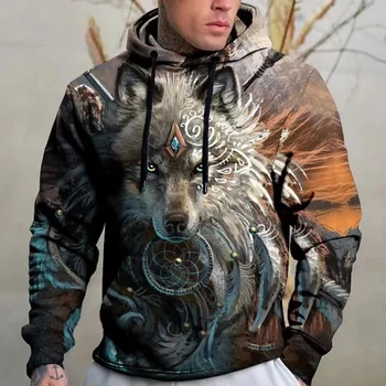 Пролетно мъжки hoody с качулка Wolf 3D printing, модни градинска дрехи, свободна ежедневни hoody голям размер с дълъг ръкав