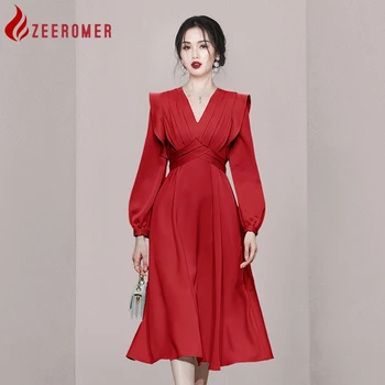 ZEEROMER 2023, Ново Есен Елегантно Червено атласное рокля със средна дължина, трапецовидна форма, висок клас Женствена рокля с V-образно деколте и ръкав-фенерче, ежедневното премяна