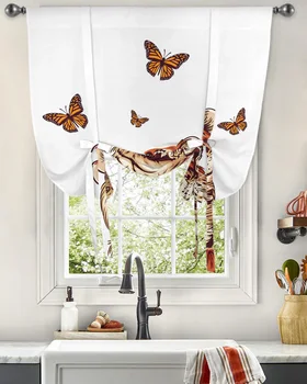 Забавно Сладко прозорец завеса с тигрова пеперуда, Завязывающиеся Завеси за кухнята, хола, Регулируеми Щори с джобове