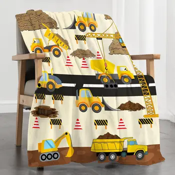 Жълто одеяло за строителен камион, Cartoony Трактор, Фланелен наметала за целия сезон, детско одеало за диван за багер за момчета