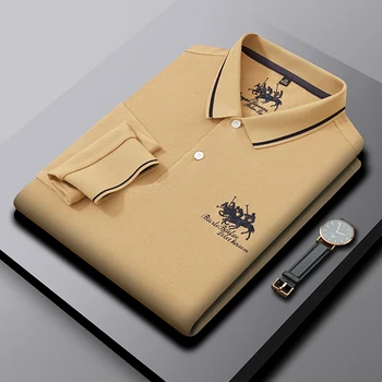 Висококачествена марка мъжки бизнес поло риза с дълги ръкави, есен 2023, 100% памук, модни и ежедневни тениска поло с бродерия, топ